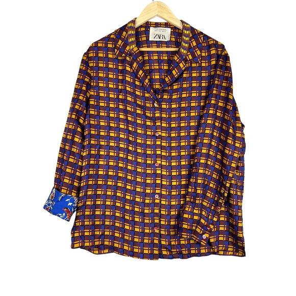 ZARA MULTICOLOR Checked FLOWY FLIP CUFF SILK SHIRT W BEADED NECK Button UP Large - Picture 2 of 10